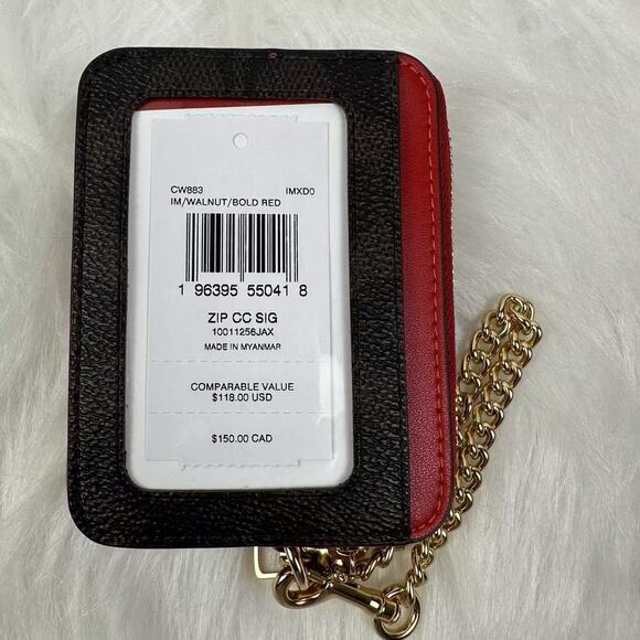 Coach Zip Card Case In Signature Canvas In Walnut Bold Red CW883 NWT - Picture 4 of 5